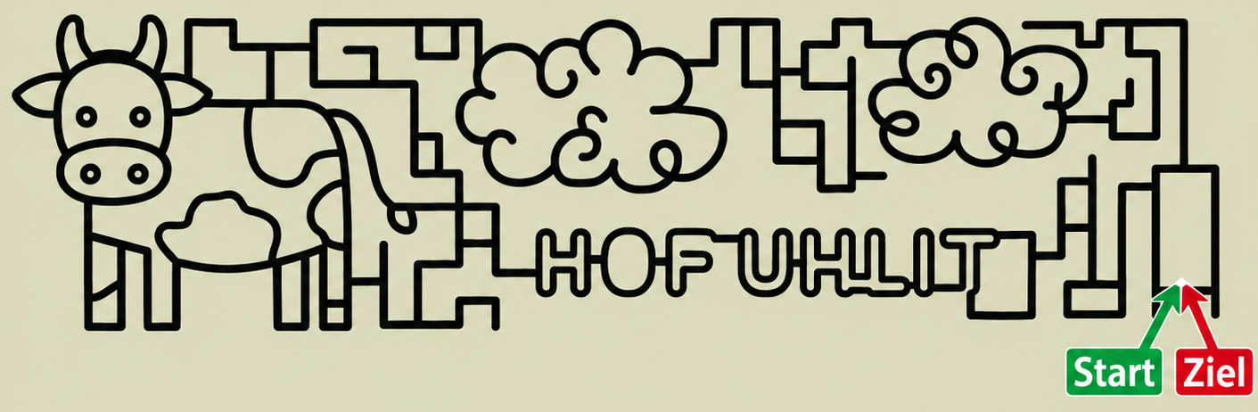 Plan des Maislabyrinths 2026: eine Kuh, Wolken und der Schriftzug HOF UHLIT, Start und Ziel am rechten Rand